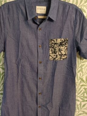 On The Byas Blue Short-Sleeve Button-Up Shirt with Contrast Pocket